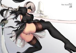Rule 34 | 1girl, artist name, ass, black dress, black footwear, black gloves, black thighhighs, blindfold, boots, breasts, character name, cian yo, commentary, dress, feather-trimmed sleeves, from below, gloves, gradient background, hairband, high heel boots, high heels, holding, holding sword, holding weapon, juliet sleeves, katana, leotard, lips, long sleeves, medium breasts, mole, mole under mouth, nier (series), nier:automata, partially visible vulva, pod (nier:automata), puffy sleeves, short hair, solo, sword, thigh boots, thighhighs, thighs, weapon, white leotard, 2b (nier:automata)