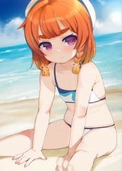 Rule 34 | 1girl, alternate costume, bare shoulders, barefoot, beach, bikini, blue sky, blush, bob cut, braid, closed mouth, cloud, colored eyelashes, commentary request, day, etorofu (kancolle), eyelashes, flat chest, gradient hair, hair between eyes, hair ribbon, hat, highres, kantai collection, kusaka souji, looking at viewer, multicolored hair, navel, ocean, outdoors, purple eyes, red hair, ribbon, sailor hat, sand, short hair, side braid, sitting, sky, smile, solo, swimsuit, thick eyebrows, toes, tress ribbon, tsurime, twin braids, water, white hat