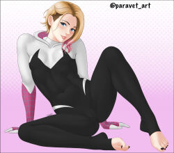 Rule 34 | 1girl, arm support, artist name, asymmetrical hair, barefoot, black nails, blonde hair, blue eyes, blush, bodysuit, breasts, cleft of venus, eyebrow piercing, feet, female focus, full body, gwen stacy, head tilt, highres, knee up, lips, looking at viewer, marvel, nail polish, navel, paravet, parted lips, piercing, pink background, pink hair, polka dot, polka dot background, short hair, sitting, small breasts, smile, solo, spider-man: into the spider-verse, spider-man (series), spider-verse, spider web print, spread legs, thighs, toenail polish, toenails, toes, twitter username