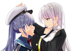 Rule 34 | 2girls, azur lane, black coat, black neckwear, blue hair, blush, breasts, coat, collared shirt, commentary request, crying, crying with eyes open, dressing another, enterprise (azur lane), essex (azur lane), eye contact, hair between eyes, hand on another&#039;s face, hat, long hair, looking at another, multiple girls, necktie, red neckwear, schreibe shura, shirt, simple background, smile, star (symbol), tears, twintails, white background, white hair, white shirt, yellow eyes