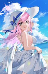 Rule 34 | 1girl, :d, absurdres, alternate costume, angel wings, backless outfit, bare arms, bare shoulders, blue archive, blue sky, blush, bow, breasts, cloud, day, dress, feathered wings, from behind, hair between eyes, halo, hat, highres, long hair, looking at viewer, medium breasts, mika (blue archive), nitoron, open mouth, outdoors, pink hair, revision, ribbon, sideboob, sky, sleeveless, sleeveless dress, smile, solo, straw hat, sundress, very long hair, white dress, white hat, white wings, wing ornament, wings
