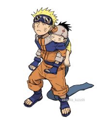 Rule 34 | 2boys, blonde hair, carrying, character request, child, child carry, closed eyes, commentary request, facial mark, forehead protector, highres, konoha kuzushi, long sleeves, male focus, multiple boys, naruto (series), piggyback, short hair, simple background, spiked hair, uzumaki naruto, whisker markings, white background