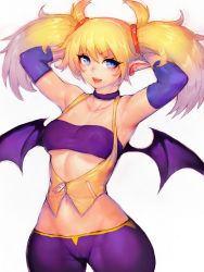 Rule 34 | 1girl, arcana heart, armpits, arms behind head, blonde hair, blue eyes, breasts, demon wings, earrings, covered erect nipples, fumio (rsqkr), highres, jewelry, lilica felchenerow, long hair, looking at viewer, medium breasts, pointy ears, sharp teeth, simple background, smile, solo, teeth, thighs, twintails, wings