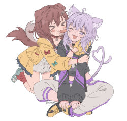 Rule 34 | &gt; &lt;, 2girls, :3, afterimage, ahoge, animal ear fluff, animal ears, bare legs, black choker, blue footwear, blush stickers, bone hair ornament, braid, brown hair, cat ears, cat girl, cat tail, choker, closed eyes, commentary, cross-laced footwear, crossed legs, dog ears, dog girl, dog tail, dress, fang, full body, hair between eyes, hair ornament, half-closed eye, heart, heart tail, hololive, indian style, inugami korone, inugami korone (1st costume), jacket, kneeling, licking, light purple hair, medium hair, midriff, motion lines, multiple girls, nekomata okayu, nekomata okayu (1st costume), one eye closed, onigiri print, open clothes, open jacket, open mouth, pants, purple eyes, red choker, red legwear, saliva, shoes, short dress, short hair, side braids, simple background, sitting, smile, sneakers, socks, sweatpants, tail, tail wagging, thighs, twin braids, twitter username, vinhnyu, virtual youtuber, white background, white dress, white pants, wristband, yellow footwear, yellow jacket