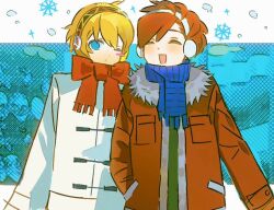 2girls aigis_(persona) alternate_costume android blonde_hair blue_eyes blue_scarf bow brown_hair brown_jacket closed_eyes coat duffel_coat earmuffs fur-trimmed_jacket fur_trim hair_between_eyes hairband hand_in_pocket jacket lajiang114514 letterboxed multiple_girls one_eye_closed open_mouth persona persona_3 persona_3_portable red_scarf scarf scarf_bow shiomi_kotone short_hair smile snowflakes steam white_coat