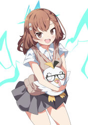 Rule 34 | 1girl, :d, absurdres, asymmetrical bangs, blue archive, brown eyes, brown hair, brown sweater vest, collared shirt, commentary request, electricity, grey skirt, hair ornament, hairpin, highres, holding, holding stuffed toy, kittenlochen, looking at viewer, misaka mikoto, open mouth, peroro (blue archive), pleated skirt, school emblem, school uniform, shirt, short sleeves, simple background, skirt, smile, solo, stuffed animal, stuffed bird, stuffed toy, summer uniform, sweater vest, toaru kagaku no railgun, toaru majutsu no index, tokiwadai school uniform, white shirt