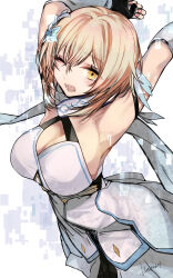 Rule 34 | 1girl, armpits, arms up, blonde hair, breasts, cleavage, commentary request, dress, feather hair ornament, feathers, flower, genshin impact, hair flower, hair ornament, highres, kojima (blue stardust), large breasts, looking at viewer, lumine (genshin impact), one eye closed, open mouth, short hair, sleeveless, sleeveless dress, solo, white dress, yellow eyes