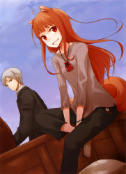 Rule 34 | 1boy, 1girl, absurdres, animal ears, ayakura juu, bracelet, brown hair, collarbone, craft lawrence, day, dutch angle, floating hair, grin, highres, holo, jewelry, long hair, looking at viewer, official art, outdoors, red eyes, short hair, silver hair, sitting, smile, spice and wolf, tail, wolf ears, wolf tail