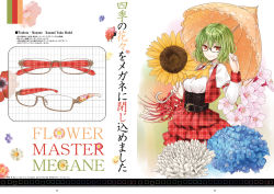 Rule 34 | 1girl, belt, bespectacled, cherry blossoms, female focus, flower, glasses, green hair, hydrangea, kazami yuuka, looking at viewer, nabeshima tetsuhiro, red eyes, short hair, smile, solo, spider lily, sunflower, touhou, umbrella, unmoving pattern