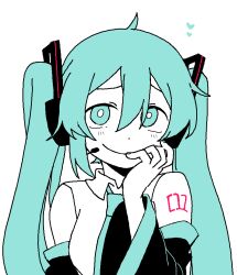 Rule 34 | 1girl, bare shoulders, bbyong403, black sleeves, blue eyes, blue hair, blue nails, blue necktie, blush, closed mouth, collared shirt, detached sleeves, dot nose, hair between eyes, hair ornament, hand on own cheek, hand on own face, hatsune miku, headset, long sleeves, looking at viewer, microphone, nail polish, necktie, number tattoo, shirt, sidelocks, simple background, smirk, solo, tattoo, twintails, upper body, vocaloid, white background, white shirt