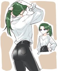 Rule 34 | 1boy, ass, blue eyes, collarbone, commentary request, cowboy shot, drawingddoom, eyes visible through hair, fire emblem, fire emblem: three houses, green hair, hand on own hip, highres, linhardt von hevring, long sleeves, multiple views, nintendo, pants, ponytail, shirt, simple background, standing, tying hair, upper body, watermark