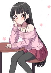 Rule 34 | 1girl, alternate costume, arm rest, armpit crease, bare shoulders, black hair, black pantyhose, blush, casual, closed mouth, collarbone, commentary request, earrings, feet out of frame, floral background, head rest, highres, houraisan kaguya, jewelry, long hair, long sleeves, looking at viewer, miniskirt, necklace, off-shoulder, off-shoulder sweater, off shoulder, pantyhose, pink sweater, pleated skirt, red eyes, red skirt, simple background, sitting, skirt, sleeves past wrists, solo, stool, sweater, table, touhou, tsukimirin, very long hair, white background