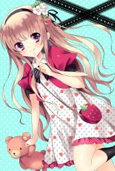 Rule 34 | 1girl, absurdres, bad id, bad pixiv id, bag, blush, brown hair, dress, finger to mouth, food, food print, fruit, hairband, highres, holding, long hair, looking at viewer, lyric (hina9111), original, polka dot, polka dot background, polka dot dress, purple eyes, smile, solo, strawberry, strawberry print, stuffed animal, stuffed toy, teddy bear