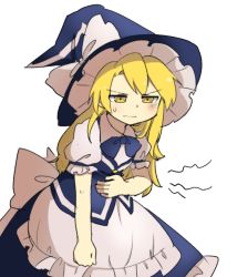 Rule 34 | 1girl, apron, arm garter, bad id, bad twitter id, black bow, black bowtie, black hat, black skirt, black vest, blonde hair, bow, bowtie, hand on own stomach, hat, hat bow, hungry, kirisame marisa, leaning forward, long hair, puffy short sleeves, puffy sleeves, sasa kichi, short sleeves, simple background, skirt, solo, stomach growling, sweat, touhou, vest, waist apron, white background, white bow, witch hat, yellow eyes