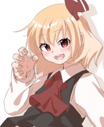 Rule 34 | 1girl, :d, ascot, black vest, blonde hair, blush, drop shadow, fingernails, flat chest, hair between eyes, hair ribbon, hand up, long sleeves, looking at viewer, medium hair, neck bobbles, open mouth, red eyes, ribbon, rumia, shinmon akika, shirt, smile, solo, star (symbol), star in eye, symbol in eye, teeth, touhou, upper body, vest, white background, wing collar