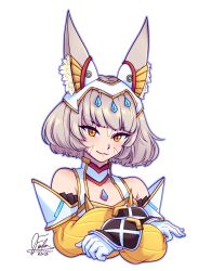 Rule 34 | 1girl, :3, animal ear fluff, animal ears, bare shoulders, cat ears, chest jewel, commentary, crossed arms, dated, english commentary, fehden, gem, gloves, grey hair, halterneck, highres, jewelry, long sleeves, looking at viewer, medium bangs, nia (xenoblade), official alternate costume, puffy long sleeves, puffy sleeves, short hair, signature, simple background, solo, upper body, white background, white gloves, xenoblade chronicles (series), xenoblade chronicles 2, xenoblade chronicles 3, yellow eyes