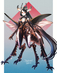 Rule 34 | 1girl, antennae, arthropod girl, black hair, black skin, carapace, claws, colored skin, commission, digitigrade, english text, extra arms, full body, highres, hogara, insect wings, long arms, long hair, looking at viewer, monster girl, multicolored skin, narrow waist, original, ponytail, red eyes, signature, skeb commission, solo, standing, two-tone skin, very long hair, white skin, wings