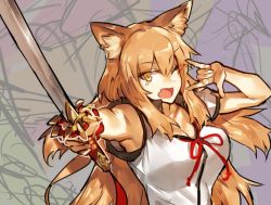 Rule 34 | 1girl, ;d, animal ear fluff, animal ears, armpits, blonde hair, breasts, fate/extra, fate/extra ccc, fate/extra ccc fox tail, fate (series), fox ears, holding, holding sword, holding weapon, katana, large breasts, long hair, looking at viewer, melon22, one eye closed, open mouth, short sleeves, smile, solo, suzuka gozen (fate), sword, upper body, weapon, yellow eyes