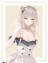 Rule 34 | 1girl, absurdres, aqua eyes, azur lane, bare shoulders, blush, breasts, cleavage, closed mouth, gloves, grey hair, highres, jewelry, large breasts, light smile, ling yi de lei ke, looking at viewer, maid, maid headdress, manchester (azur lane), medium hair, necklace, necktie, ok sign, smile, solo, sparkling eyes, white gloves
