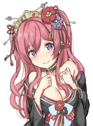 Rule 34 | 1girl, bare shoulders, black flower, black kimono, blush, breasts, cleavage, closed mouth, collarbone, flower, hair between eyes, hair flower, hair ornament, hands up, head tilt, heart, highres, japanese clothes, keiran (ryo170), kimono, kuka (oedo) (princess connect!), kuka (princess connect!), large breasts, long hair, long sleeves, off shoulder, princess connect!, purple eyes, purple flower, red flower, red hair, smile, solo, tiara, two side up, very long hair, wide sleeves