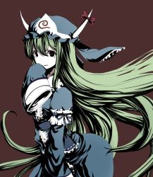 Rule 34 | 1girl, aki (mare desiderii), cosplay, covering own mouth, ex-keine, female focus, green hair, hand over own mouth, hat, high contrast, horns, kamishirasawa keine, long hair, pale skin, red eyes, saigyouji yuyuko, saigyouji yuyuko (cosplay), simple background, sleeves past wrists, smile, solo, touhou