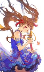 Rule 34 | 1girl, absurdres, brown hair, chinese clothes, double bun, dress, highres, holding, holding sword, holding weapon, idolmaster, idolmaster cinderella girls, kamiya nao, leaf, mansu, maple leaf, red eyes, smile, solo, sword, twintails, weapon