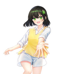 Rule 34 | 1girl, :d, animal hair ornament, bad id, bad pixiv id, black hair, collared shirt, commission, dress shirt, feet out of frame, green eyes, hair between eyes, hair ornament, highres, long sleeves, looking at viewer, mamel 27, open mouth, original, shirt, simple background, smile, solo, sweater vest, white background, white shirt