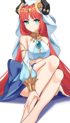 Rule 34 | 1girl, absurdres, bare legs, bare shoulders, blue eyes, blue skirt, breasts, brooch, commentary, crop top, czk, detached sleeves, feet out of frame, genshin impact, highres, horns, jewelry, large breasts, long hair, long sleeves, looking at viewer, nilou (genshin impact), red hair, simple background, sitting, skirt, smile, solo, veil, very long hair, white background