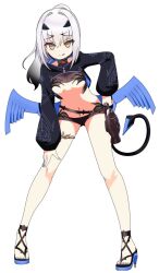 Rule 34 | 1girl, :q, black hair, blue footwear, blue wings, breasts, brown eyes, closed mouth, commentary request, fate/grand order, fate (series), full body, gradient hair, hair between eyes, hair intakes, hand on own hip, high heels, highres, leaning forward, long hair, long sleeves, looking at viewer, low wings, melusine (fate), melusine (swimsuit ruler) (fate), melusine (swimsuit ruler) (first ascension) (fate), multicolored hair, nyaru (nyaru 4126), ponytail, puffy long sleeves, puffy sleeves, sandals, shrug (clothing), simple background, small breasts, smile, solo, standing, tail, tongue, tongue out, white background, white hair, wings
