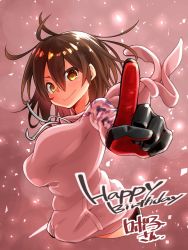 Rule 34 | 1girl, black gloves, blush, breasts, brown hair, camouflage hoodie, character name, closed mouth, commentary, gloves, hair between eyes, happy birthday, highres, hololive, hood, hood down, hoodie, index finger raised, large breasts, looking at viewer, maco (yamamac), mechanical arms, pink hoodie, roboco-san, roboco-san (hoodie), short hair, simple background, smile, solo, thighs, upper body, virtual youtuber, yellow eyes