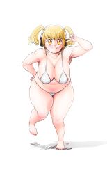 Rule 34 | 1girl, bikini, blonde hair, blush, breasts, cleavage, closed mouth, cloudxmoe, commentary, dot nose, english commentary, full body, hanging breasts, headphones, highres, large breasts, leaning forward, long hair, looking at viewer, navel, nitroplus, no pupils, orange eyes, plump, shadow, signature, smile, solo, standing, super pochaco, swimsuit, tareme, thick arms, thick thighs, thighs, twintails, v, white background, white bikini