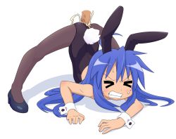 Rule 34 | &gt; &lt;, 1girl, ass, bent over, blue hair, censored, clenched teeth, cum, cum string, green eyes, izumi konata, large penis, long hair, lucky star, not call, pantyhose, penis, playboy, rabbit ears, sex, sex from behind, solo, teeth, very long hair