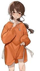 Rule 34 | 1girl, braid, brown hair, commentary request, cowboy shot, dress, highres, index finger raised, jewelry, kantai collection, kaomoji (sagor00237), long hair, long sleeves, necklace, official alternate costume, orange dress, orange eyes, simple background, single braid, skirt hold, solo, souya (kancolle), sweater, sweater dress, white background