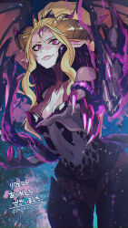 Rule 34 | 1girl, black thighhighs, blonde hair, breasts, cleavage, clenched teeth, dragon horns, dragon sorceress zyra, fangs, fingernails, forehead jewel, grin, highres, horns, large breasts, league of legends, long hair, looking at viewer, nail polish, navel, official alternate costume, official alternate hairstyle, outstretched arm, outstretched hand, parted bangs, pointy ears, ponytail, pote0508, purple eyes, purple nails, reaching, reaching towards viewer, scales, sharp fingernails, sidelocks, slit pupils, smile, solo, standing, teeth, thighhighs, translation request, wings, zyra