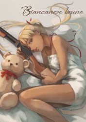 Rule 34 | 1girl, absurdres, bare shoulders, bed sheet, blonde hair, blue eyes, commentary request, dark-skinned female, dark skin, foge, gun, gunslinger girl, highres, holding, holding weapon, italian commentary, italian text, knees up, legs, long hair, looking at viewer, lying, naked towel, neck ribbon, on bed, on side, parted lips, pump action, red ribbon, ribbon, shotgun, solo, stuffed animal, stuffed toy, teddy bear, towel, translation request, triela, twintails, weapon, winchester model 1897