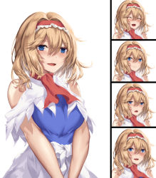 Rule 34 | 1girl, adapted costume, alice margatroid, bare shoulders, blonde hair, blue dress, blue eyes, blush, breasts, capelet, closed mouth, disgust, dress, expression chart, expressions, closed eyes, hairband, kaeranu kaeru, lolita hairband, medium breasts, neckerchief, open mouth, red hairband, red neckerchief, short hair, simple background, sleeveless, smile, solo, touhou, white background