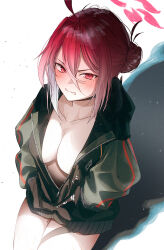 Rule 34 | 1girl, ahoge, blue archive, blush, breasts, clenched teeth, collarbone, cowboy shot, frown, green jacket, hair between eyes, hair bun, halo, hands in pockets, highres, jacket, kangshi, large breasts, long hair, long sleeves, mole, mole on thigh, mole under eye, partially unzipped, red eyes, red hair, red halo, reijo (blue archive), single hair bun, solo, teeth