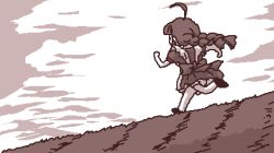 Rule 34 | 1girl, ahoge, animated, animated gif, brown theme, easytoon (medium), grass, lowres, me-tan, monochrome, os-tan, running, solo, thighhighs, tripping