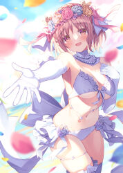 Rule 34 | 1girl, armpits, bare shoulders, bead necklace, beads, blurry, bra, breasts, brown hair, bucchake (asami), cowboy shot, date a live, depth of field, detached collar, elbow gloves, gloves, hand on own chest, head wreath, jewelry, large breasts, looking at viewer, navel, necklace, open mouth, outstretched arm, panties, petals, red eyes, short hair, showgirl skirt, skindentation, smile, solo, sonogami rinne, standing, stomach, string bra, thigh strap, thighhighs, thighs, underboob, underwear, white bra, white gloves, white panties, white thighhighs
