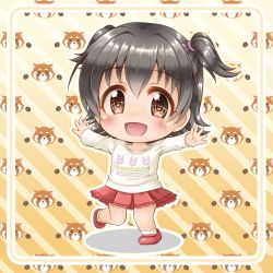 Rule 34 | 1girl, :d, akagi miria, big head, black hair, blush, brown eyes, chibi, diagonal stripes, full body, hair between eyes, idolmaster, idolmaster cinderella girls, loafers, long sleeves, looking at viewer, open mouth, outstretched arms, pleated skirt, red footwear, red skirt, regular mow, shirt, shoes, skirt, smile, socks, solo, spread arms, standing, standing on one leg, striped, striped background, two side up, white shirt, white socks