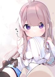 Rule 34 | 1girl, ahoge, bare shoulders, black thighhighs, blue skirt, blush, brown hair, chikuwa., closed mouth, commentary request, couch, hair between eyes, highres, long hair, long sleeves, looking at viewer, hugging object, off-shoulder sweater, off shoulder, on couch, original, pillow, purple eyes, skirt, sleeves past wrists, solo, staring, stuffed animal, stuffed rabbit, stuffed toy, sweat, sweater, thighhighs, two side up, very long hair, white sweater