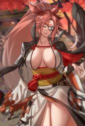 Rule 34 | 1girl, amputee, anima (togashi), baiken, big hair, black kimono, breasts, cleavage, facial tattoo, guilty gear, guilty gear strive, hair over eyes, hair over one eye, highres, huge breasts, japanese clothes, kataginu, kimono, large breasts, long bangs, long hair, multicolored clothes, multicolored kimono, one-eyed, pink hair, ponytail, sash, scar, scar across eye, scar on face, smile, standing, tattoo, very long hair, white kimono