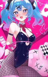 Rule 34 | 1girl, :d, absurdres, ace (playing card), ace of hearts, arm strap, arms behind back, bare shoulders, black leotard, blue eyes, blue hair, blush, bound, bound arms, bow, bowtie, breasts, card, clothing cutout, detached collar, fang, fishnet pantyhose, fishnets, from below, hair between eyes, hair ornament, hairband, hatsune miku, heart, heart-shaped pupils, heart cutout, highres, leaning forward, leotard, long hair, looking at viewer, looking down, open mouth, pantyhose, playing card, pole, rabbit hole (vocaloid), red bow, red bowtie, reiko lape, restrained, small breasts, smile, solo, spaghetti strap, stripper pole, stuffed animal, stuffed rabbit, stuffed toy, symbol-shaped pupils, twintails, vocaloid, white hairband, x hair ornament