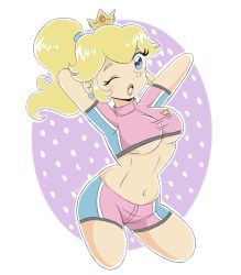 Rule 34 | 1girl, arms behind head, blonde hair, blue eyes, breasts, highres, legs, mario (series), medium breasts, midriff, navel, nintendo, one eye closed, open mouth, ponytail, princess, princess peach, shorts, soccer uniform, solo, sportswear, super mario strikers, thick thighs, thighs, underboob