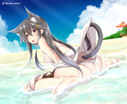Rule 34 | 1girl, animal ears, ass, barefoot, baretto (firearms 1), beach, bikini, black hair, blue sky, blurry, brown eyes, cat ears, cat tail, chestnut mouth, cloud, cloudy sky, commentary request, day, depth of field, feet, from behind, hair ornament, hairclip, haruna (kancolle), horizon, kantai collection, kemonomimi mode, long hair, looking at viewer, looking back, outdoors, sitting, sky, soles, solo, swimsuit, tail, toes, wariza, white bikini