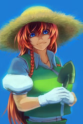 Rule 34 | 1girl, blue eyes, braid, breasts, chinese clothes, closed mouth, gloves, hat, hong meiling, koyubi (littlefinger1988), large breasts, long hair, looking at viewer, puffy short sleeves, puffy sleeves, red hair, shaded face, short sleeves, shovel, smile, solo, straw hat, tangzhuang, touhou, twin braids, upper body, white gloves, worktool