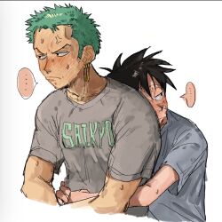 Rule 34 | ..., 2boys, anger vein, angry, black eyes, black hair, blush, closed mouth, couple, cropped torso, earrings, facial scar, green hair, grey shirt, highres, hug, hug from behind, jewelry, looking to the side, male focus, monkey d. luffy, multiple boys, nsozp, one eye closed, one piece, print shirt, roronoa zoro, scar, scar across eye, scar on cheek, scar on face, shirt, short hair, sideburns, simple background, single earring, size difference, speech bubble, spoken ellipsis, sweat, white background, yaoi