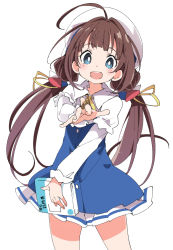 Rule 34 | 1girl, :d, ahoge, blue eyes, blush, brown hair, hat, hinatsuru ai, ixy, layered sleeves, long hair, long sleeves, looking at viewer, low twintails, open mouth, ryuuou no oshigoto!, school uniform, shogi piece, short over long sleeves, short sleeves, simple background, smile, solo, teeth, twintails, upper teeth only, white background, white hat