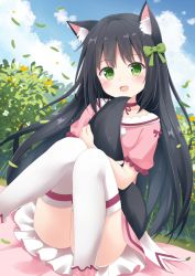 Rule 34 | 1girl, :d, animal ear fluff, animal ears, black hair, blush, bow, choker, cloud, cloudy sky, falling leaves, fang, feet out of frame, frilled shirt, frills, grass, green bow, green eyes, hair bow, head tilt, highres, hugging own tail, hugging tail, koucha (edo krisna 5), leaf, legs together, legs up, long hair, on ground, open mouth, original, outdoors, pink shirt, pink skirt, plant, red choker, shirt, sitting, skirt, sky, smile, solo, straight hair, tail, tail grab, thighhighs, thighs, white thighhighs