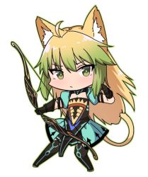 Rule 34 | 1girl, ahoge, animal ear fluff, animal ears, atalanta (fate), black thighhighs, blonde hair, blue skirt, bow (weapon), breasts, cat ears, cat tail, chibi, cleavage, closed mouth, fate/apocrypha, fate (series), flat chest, full body, gauntlets, gradient hair, green eyes, green hair, hand up, holding, holding bow (weapon), holding weapon, ibuki notsu, looking at viewer, multicolored hair, puffy short sleeves, puffy sleeves, short sleeves, simple background, skirt, solo, tail, thighhighs, weapon, white background, wide face
